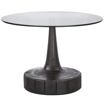 Table d'appoint ronde Soya avec plateau en verre et pieds en bois sculpté, ajoutant une touche moderne et luxueuse à votre intérieur.
