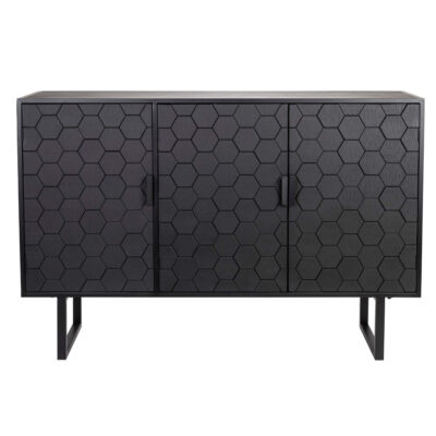 Sideboard Linc High avec finition noire et motif hexagonal distinctif.