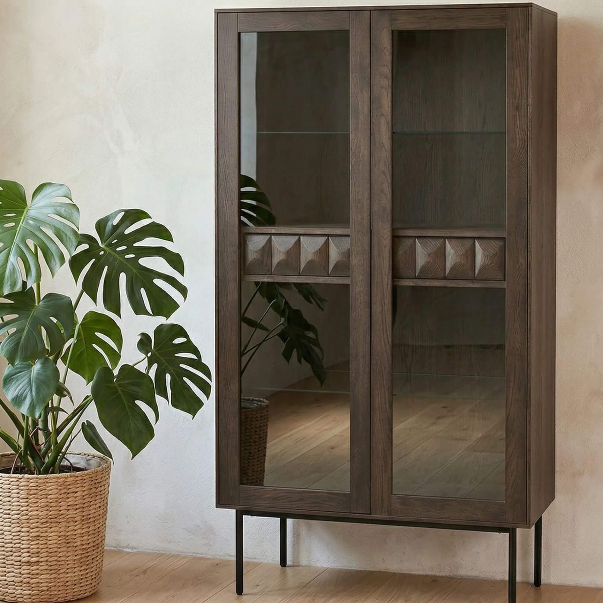 meuble vitrine latina – 37 × 18 × 185 cm – chêne espresso, pieds métal noir 2 meuble vitrine latina – 37 × 18 × 185 cm – chêne espresso, pieds métal noir – image 2