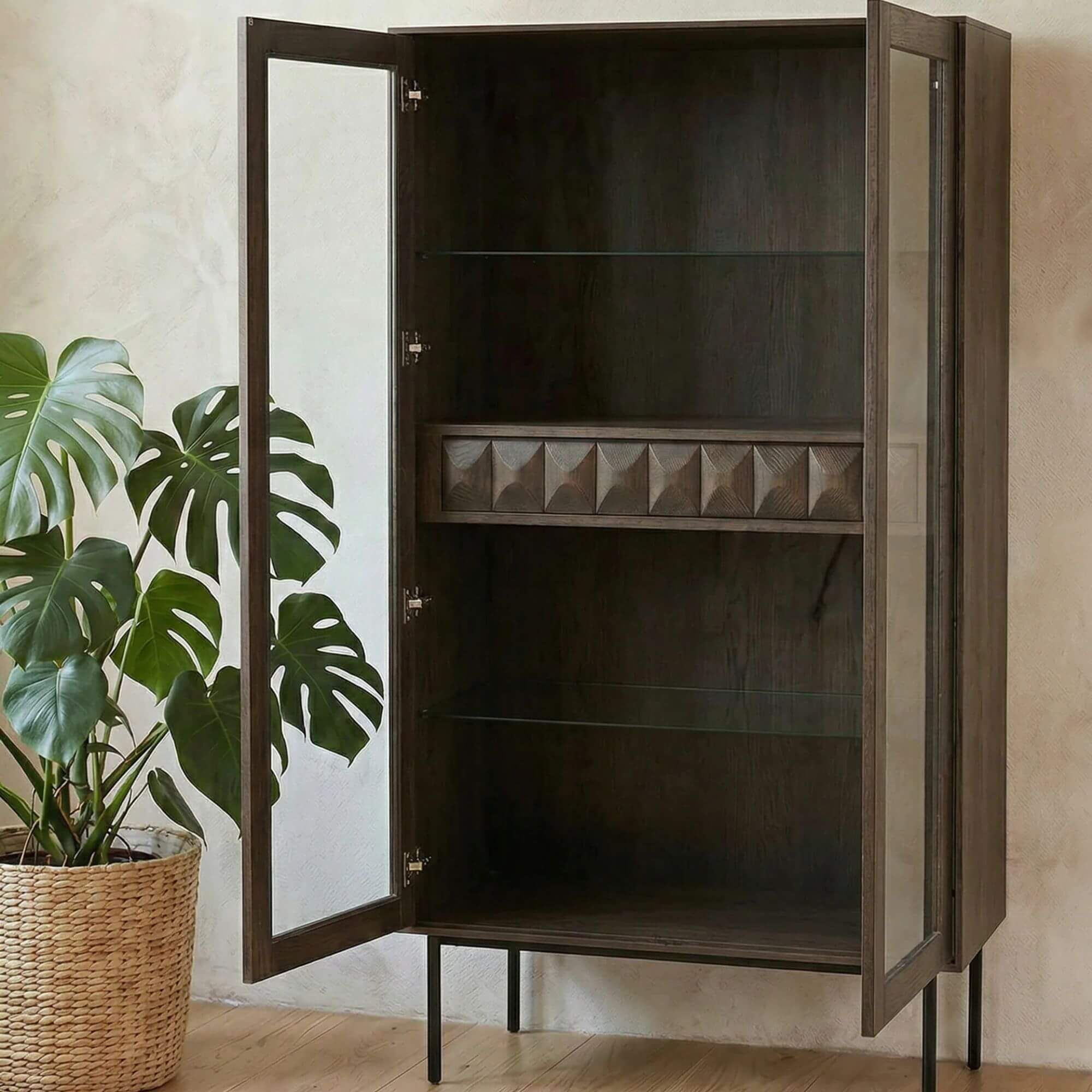 meuble vitrine latina – 37 × 18 × 185 cm – chêne espresso, pieds métal noir 3 meuble vitrine latina – 37 × 18 × 185 cm – chêne espresso, pieds métal noir – image 3