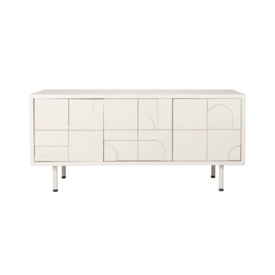 Buffet Funk 3 portes en bois MDF et pieds en métal beige, idéal pour un intérieur contemporain.