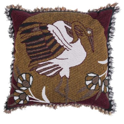 Coussin décoratif en jacquard multicolore avec motif d’oiseau, fabriqué en coton naturel, pour un intérieur raffiné et chaleureux.