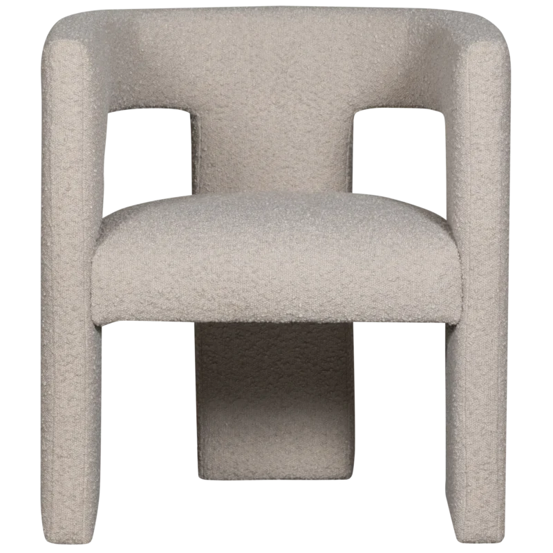 Fauteuil moderne avec revêtement en bouclette beige douce et lignes épurées, idéal pour une assise confortable et élégante.