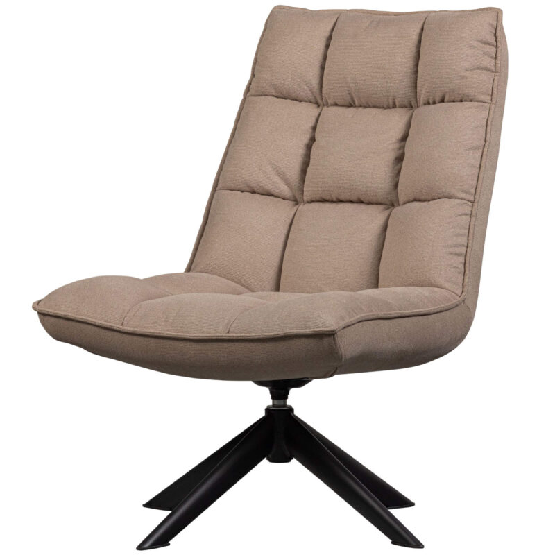 Fauteuil Jouke pivotant en tissu sable, design organique, parfait pour un confort optimal et une décoration contemporaine.