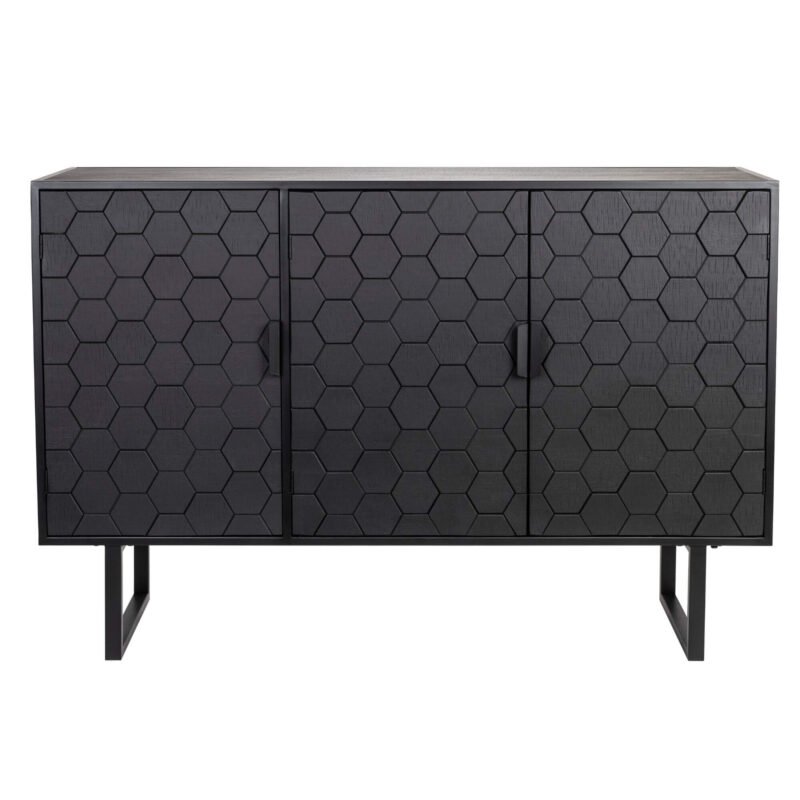 sideboard linc high avec finition noire et motif hexagonal distinctif.