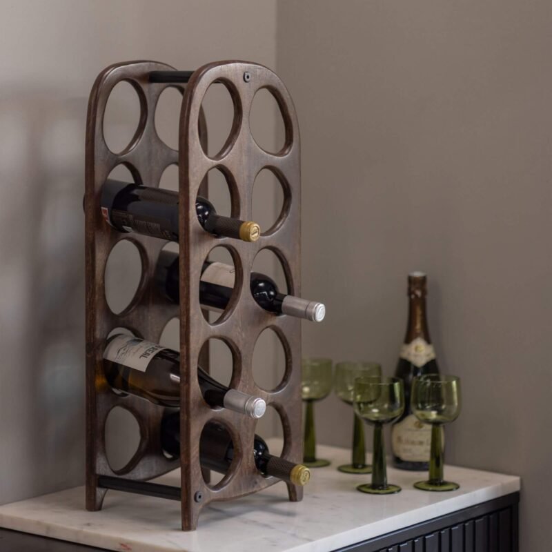 porte-bouteilles suvi en bois de manguier noyer, au design organique pouvant accueillir 10 bouteilles de vin.